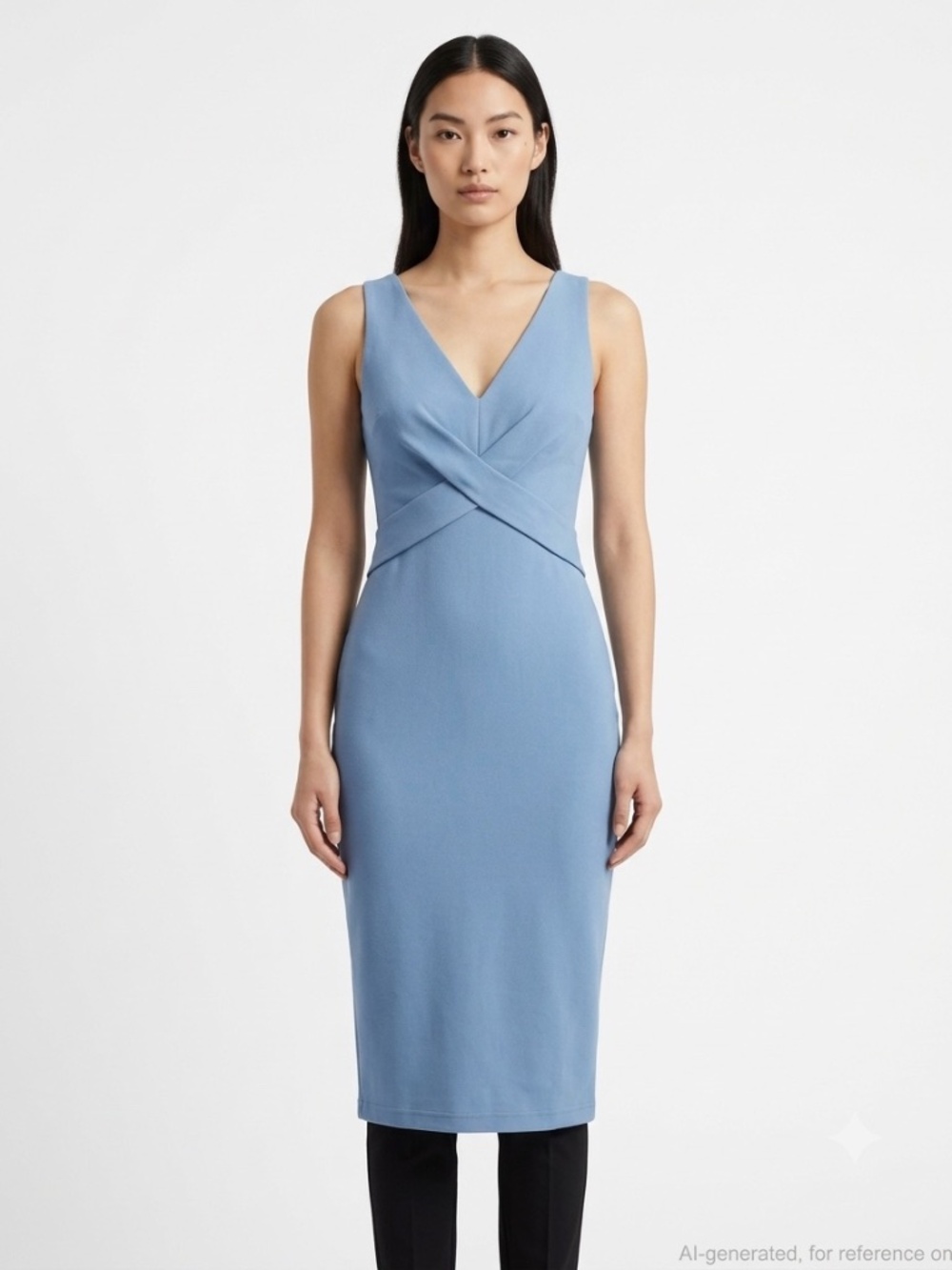 Brand By Mei Blue V Neck Twist Front Midi Sheath Dress Women US 6 Medium